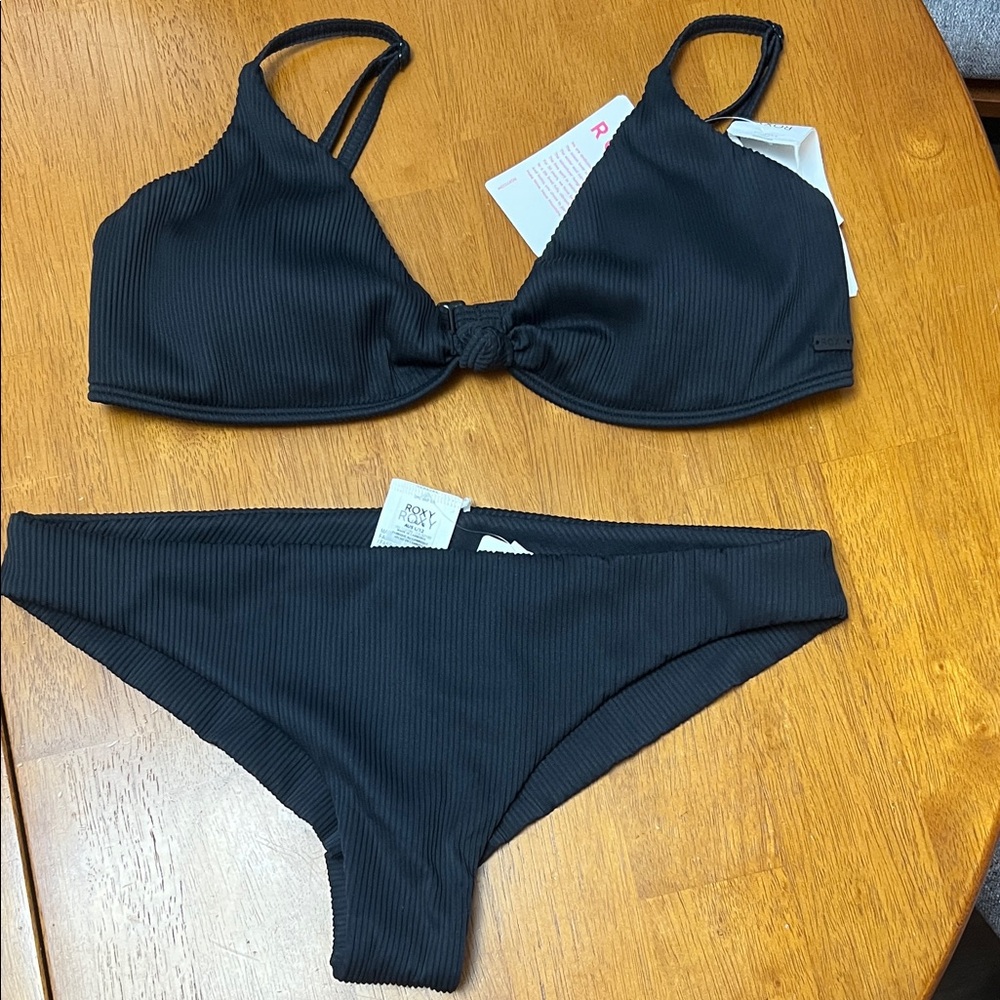 Roxy Black Ribbed Knot-Front Bikini Set